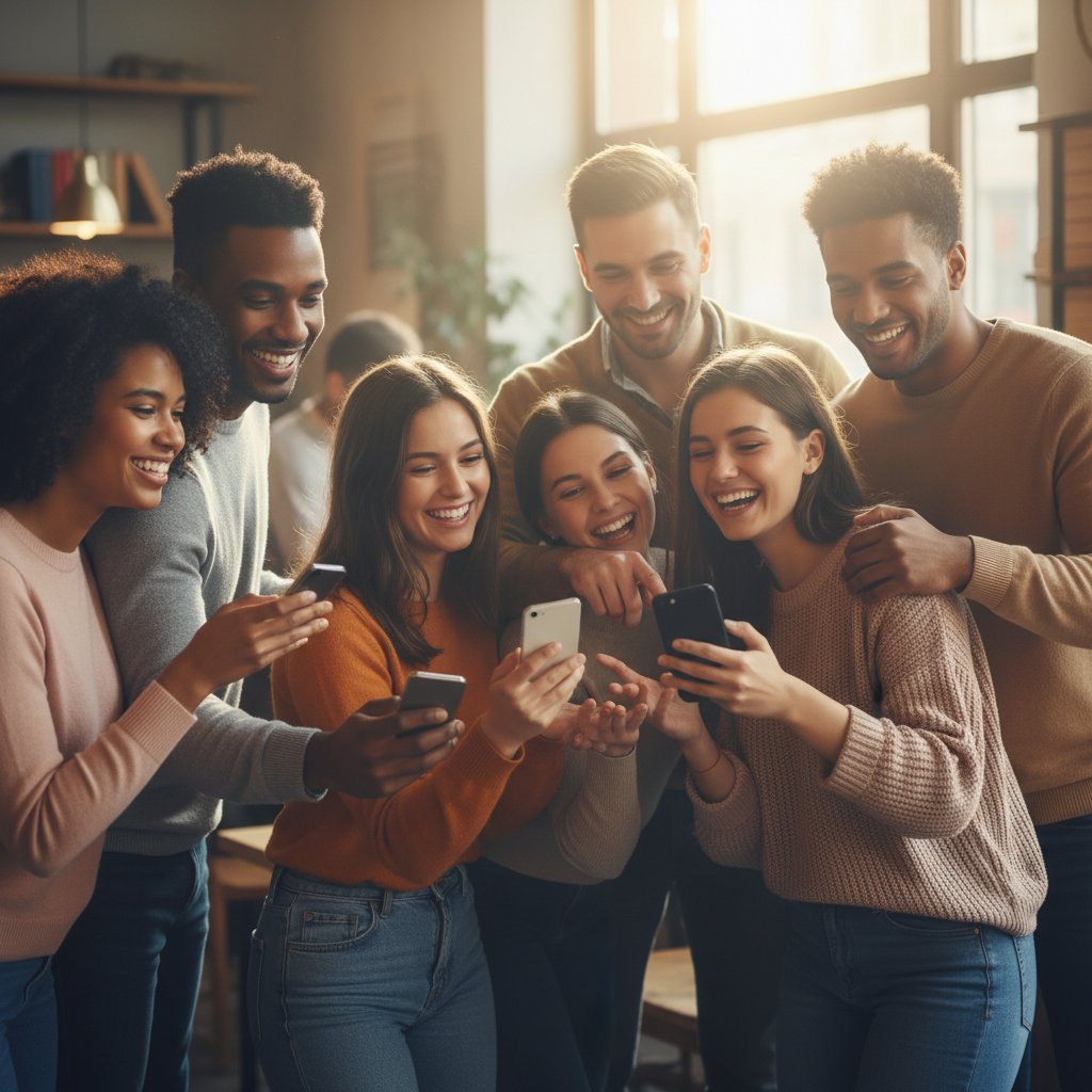 Grupa młodych osób z telefonami, patrzących na siebie z uśmiechem, symbol wsparcia i otwartości