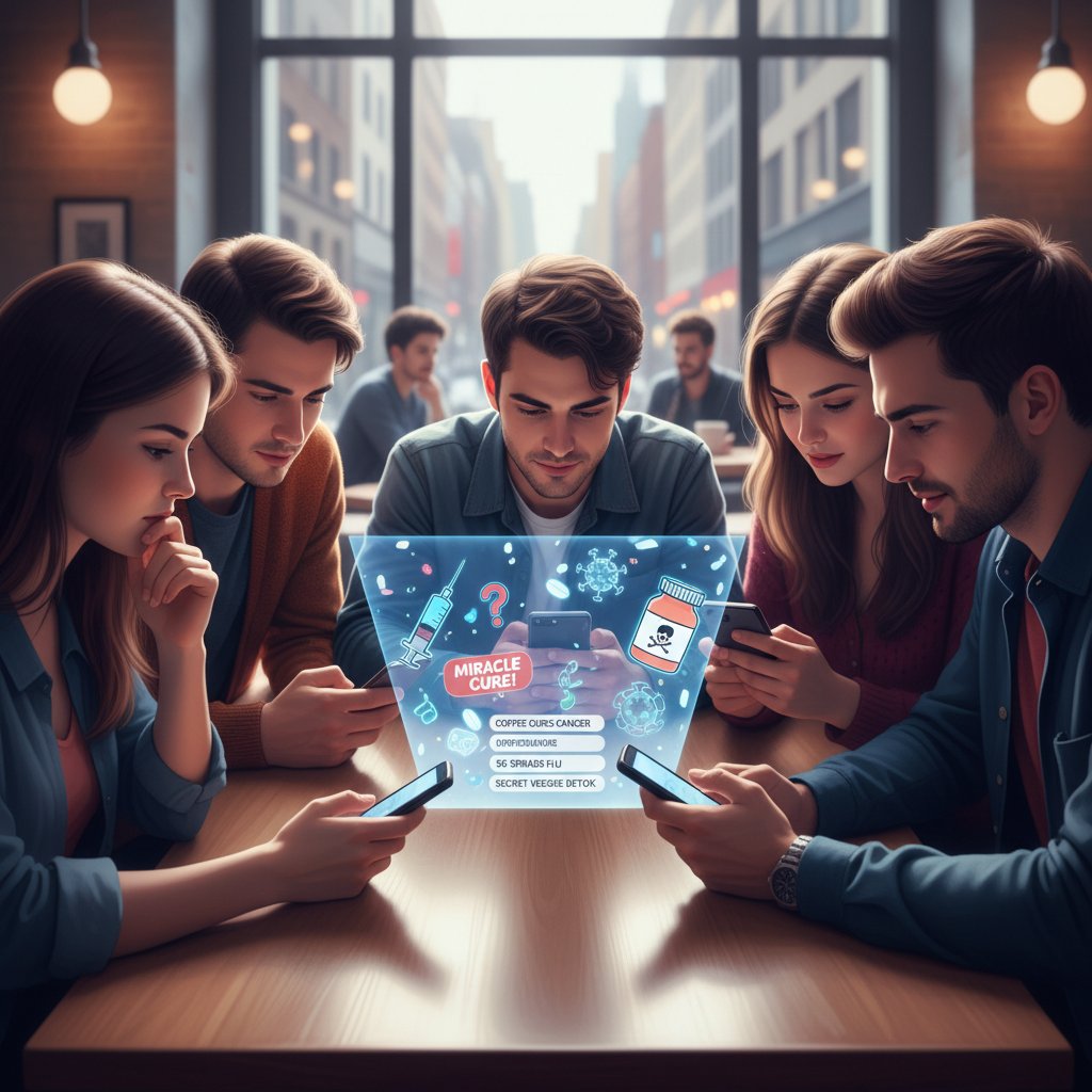 Grupa młodych ludzi przeglądających social media na smartfonach, z wyświetlonymi nagłówkami fake newsów zdrowotnych
