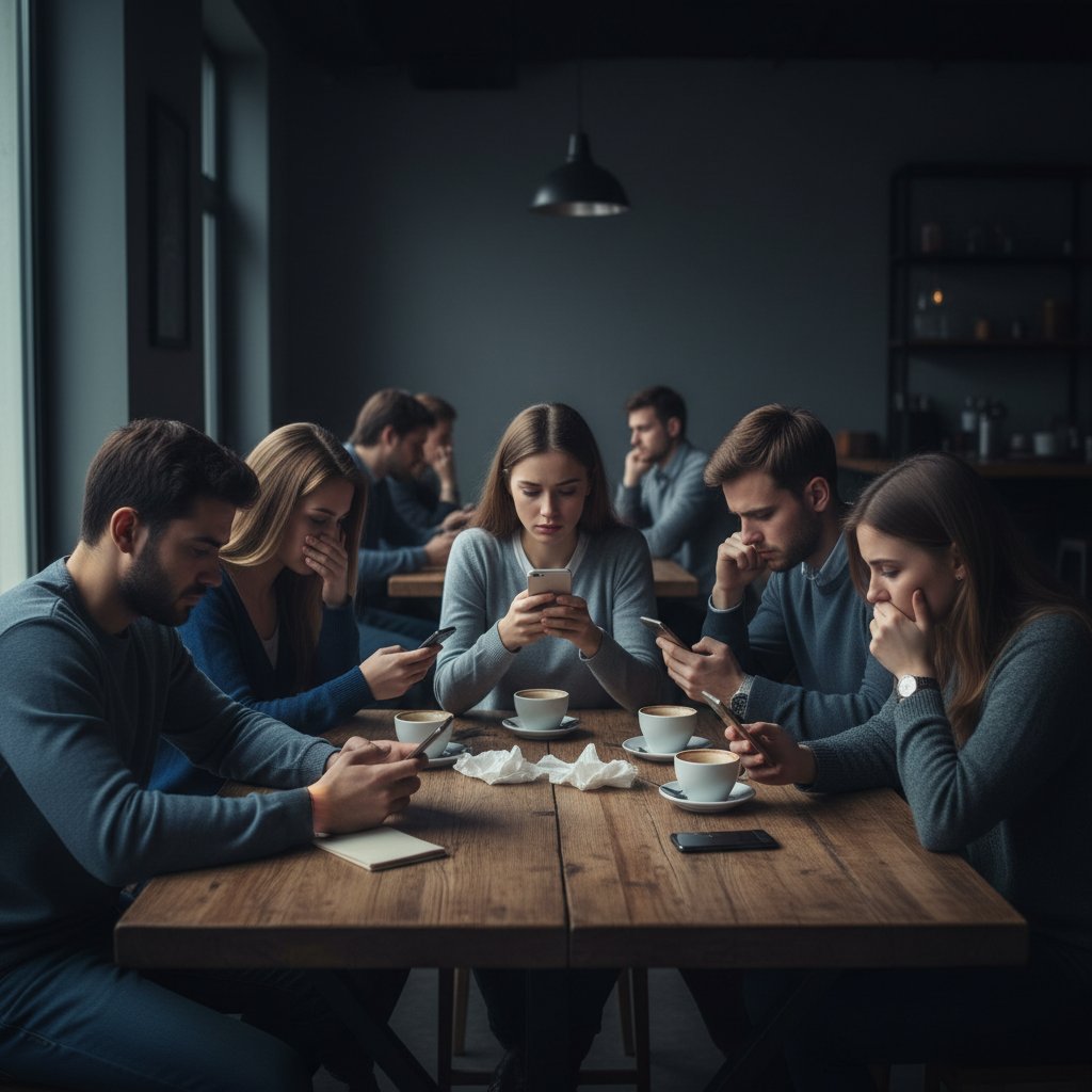 Grupa młodych ludzi przy stole, wszyscy patrzą w telefony, dystans, brak autentycznych relacji