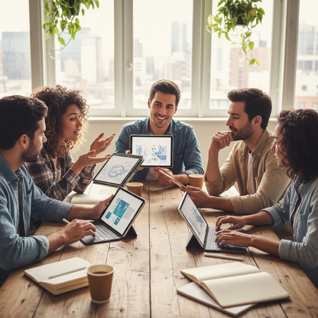 Grupa młodych ludzi korzystających z tabletów i rozmawiających o kreatywności AI
