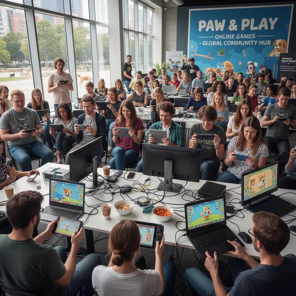 Grafika przedstawiająca rosnącą grupę osób grających w gry pies online na różnych urządzeniach