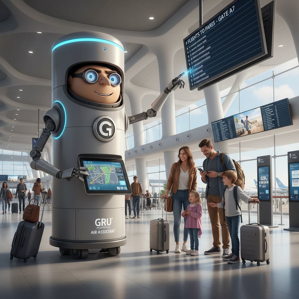 Photo: Robot assistant greets travelers at GRU airport info desk, futuristic design, travelers interacting curiously