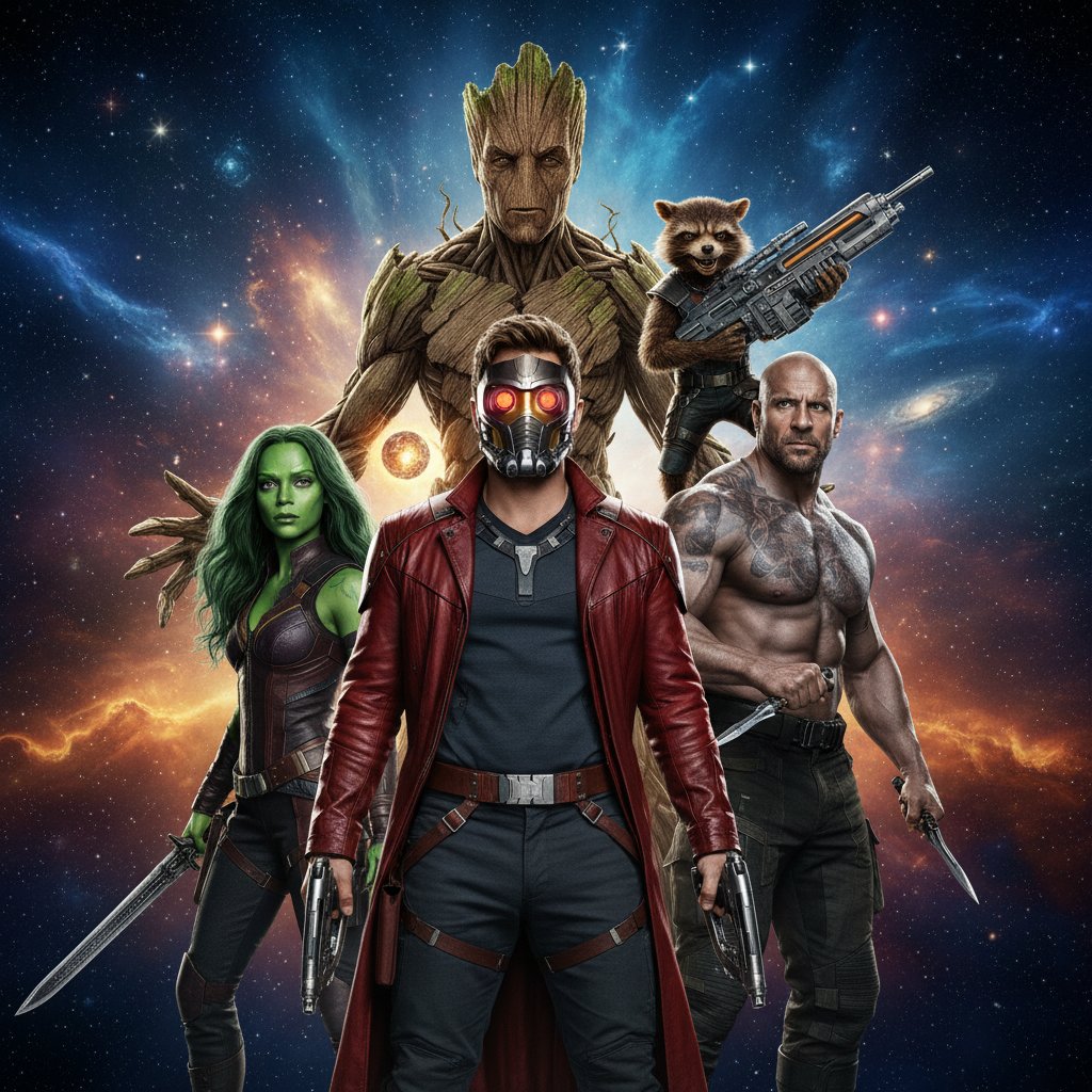 The original Guardians lineup juxtaposed with their modern film counterparts on a cosmic backdrop, vibrant and bold, with a retro-futuristic vibe