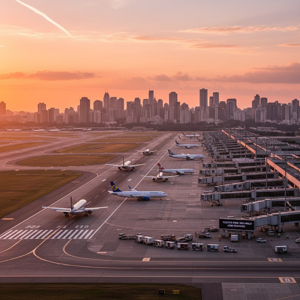 Aerial photo at dawn of São Paulo GRU airport, runways and city skyline, edge-lit by sunrise, with dense traffic and planes taxiing