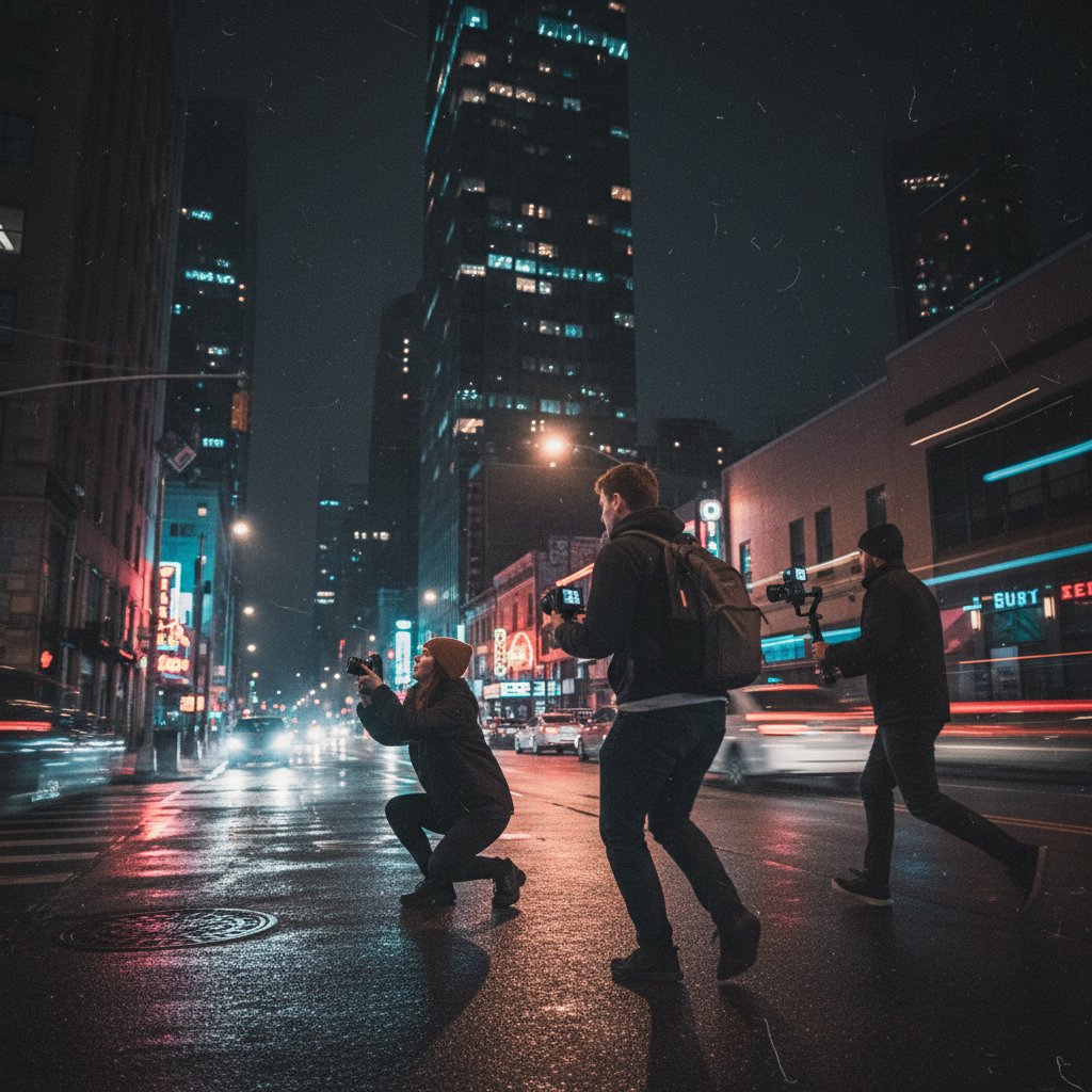 Guerrilla film crew with compact gear shooting at night in city environment