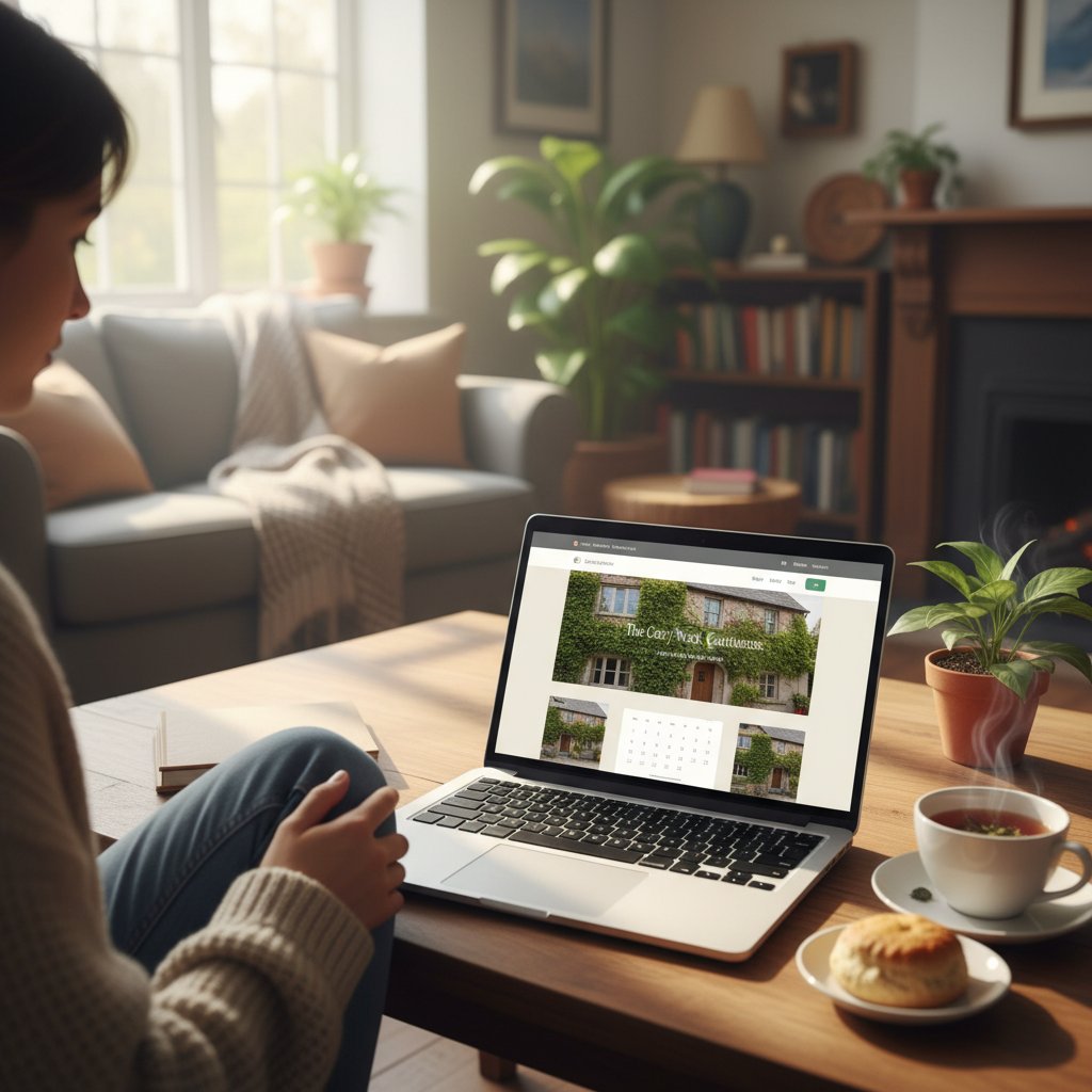 Gość rezerwujący pensjonat online na laptopie, spokojna domowa sceneria