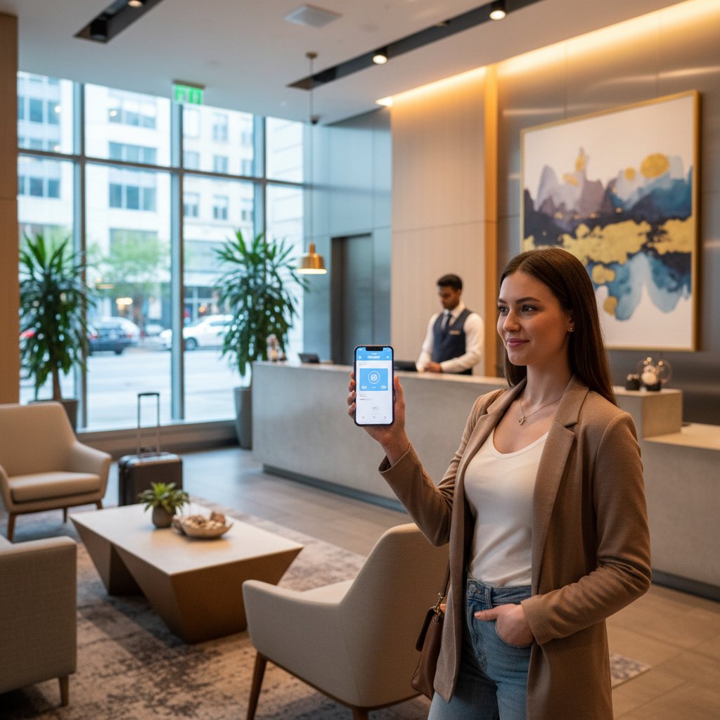 Over-the-shoulder photo of a guest using a mobile key app at a hotel reception, modern ambiance