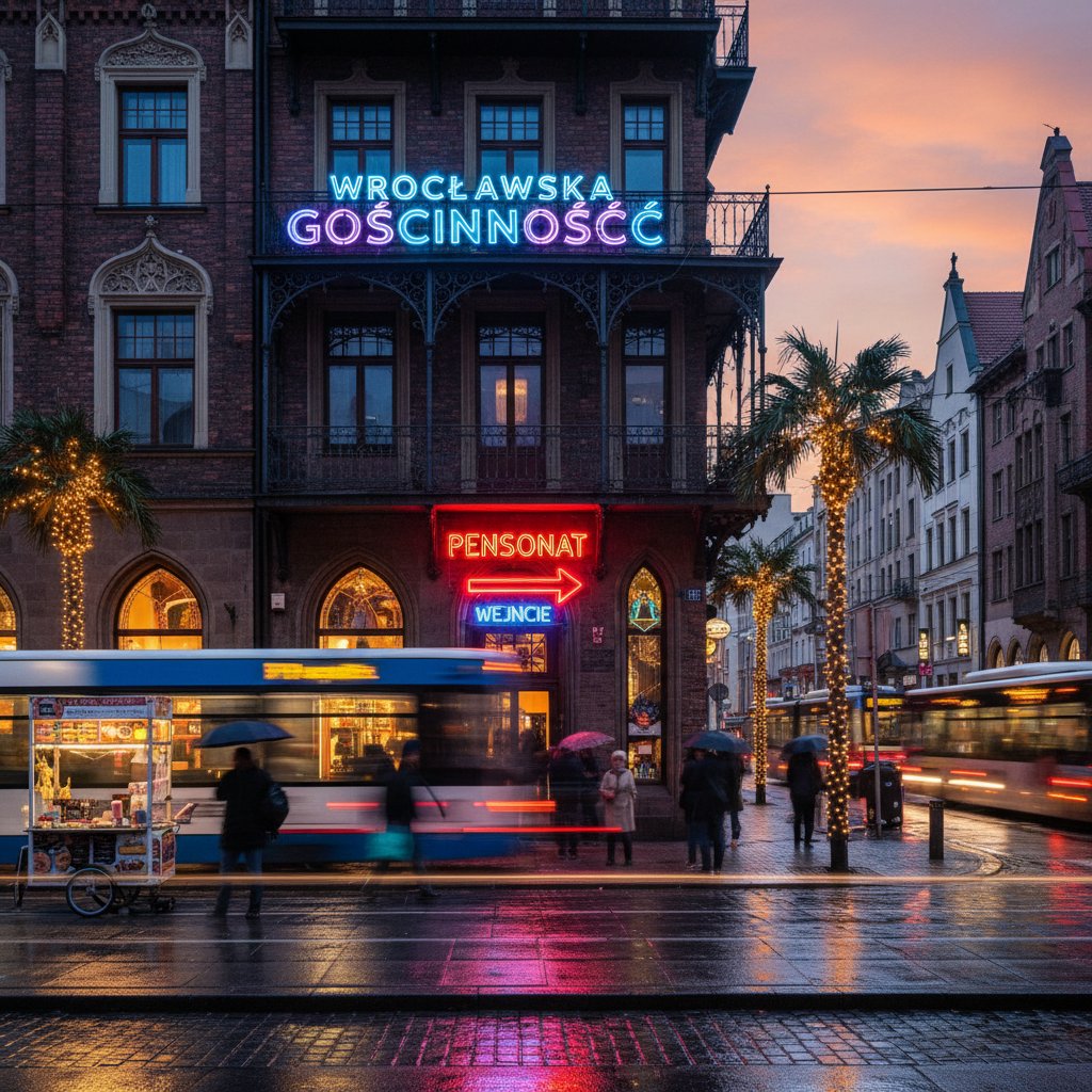 Wieczorny widok na klimatyczny pensjonat w centrum Wrocławia z neonowym akcentem i miejskim życiem
