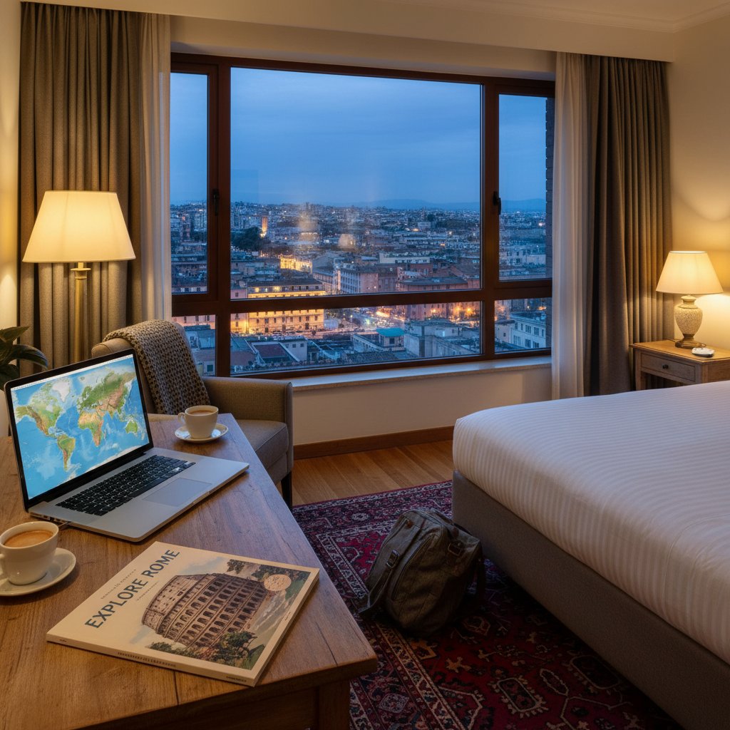 Pokój w pensjonacie z widokiem na miasto, laptop i przewodnik turystyczny na łóżku