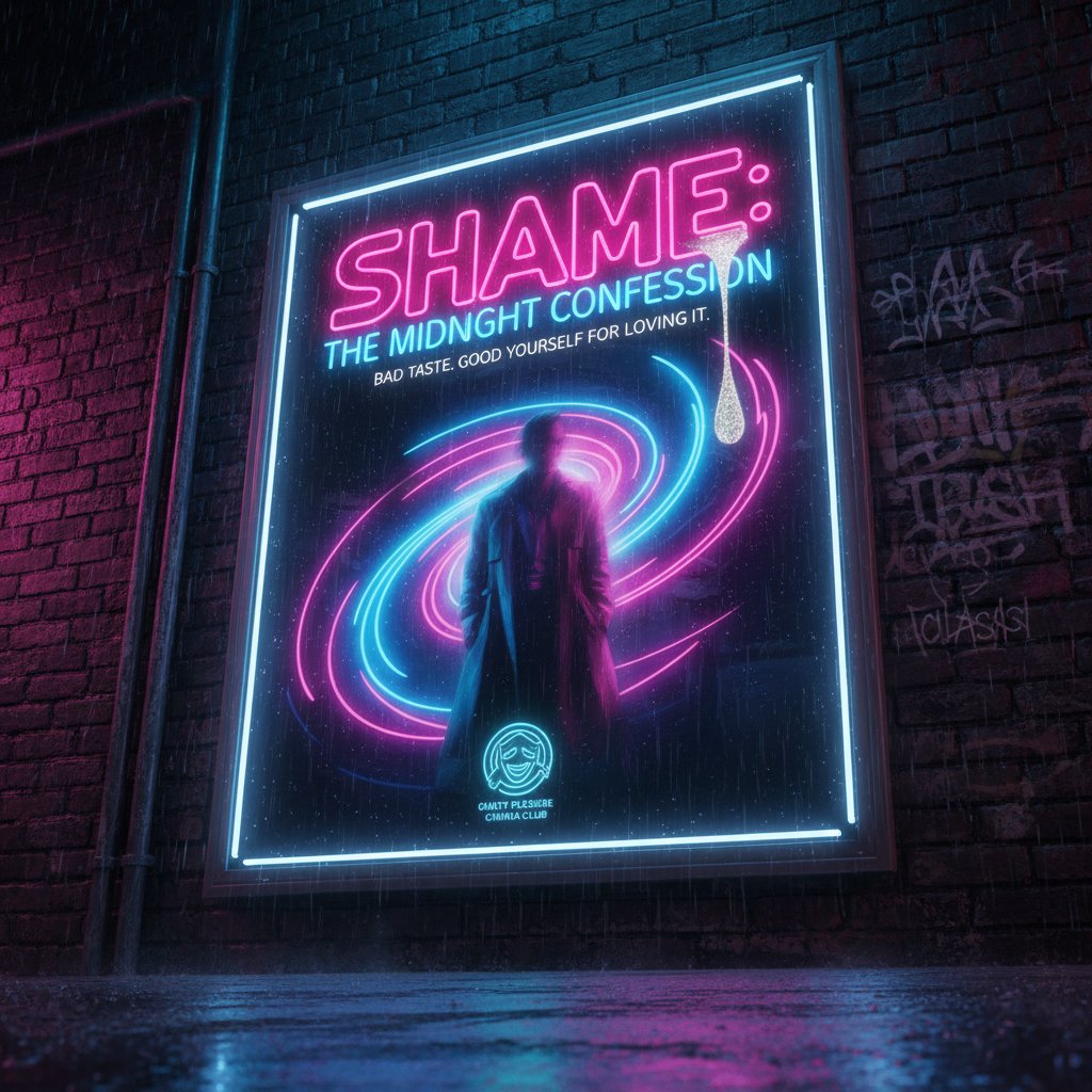 A young adult watching a guilty pleasure movie alone at night, neon lights, embarrassment and joy