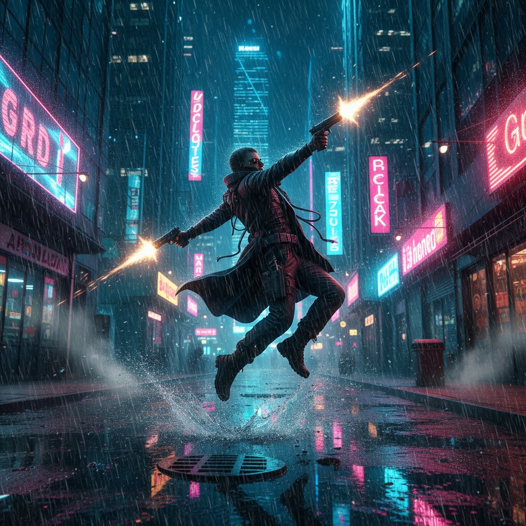Gun fu choreography in a hard boiled action scene, slow-motion duel in rainstorm with neon reflections