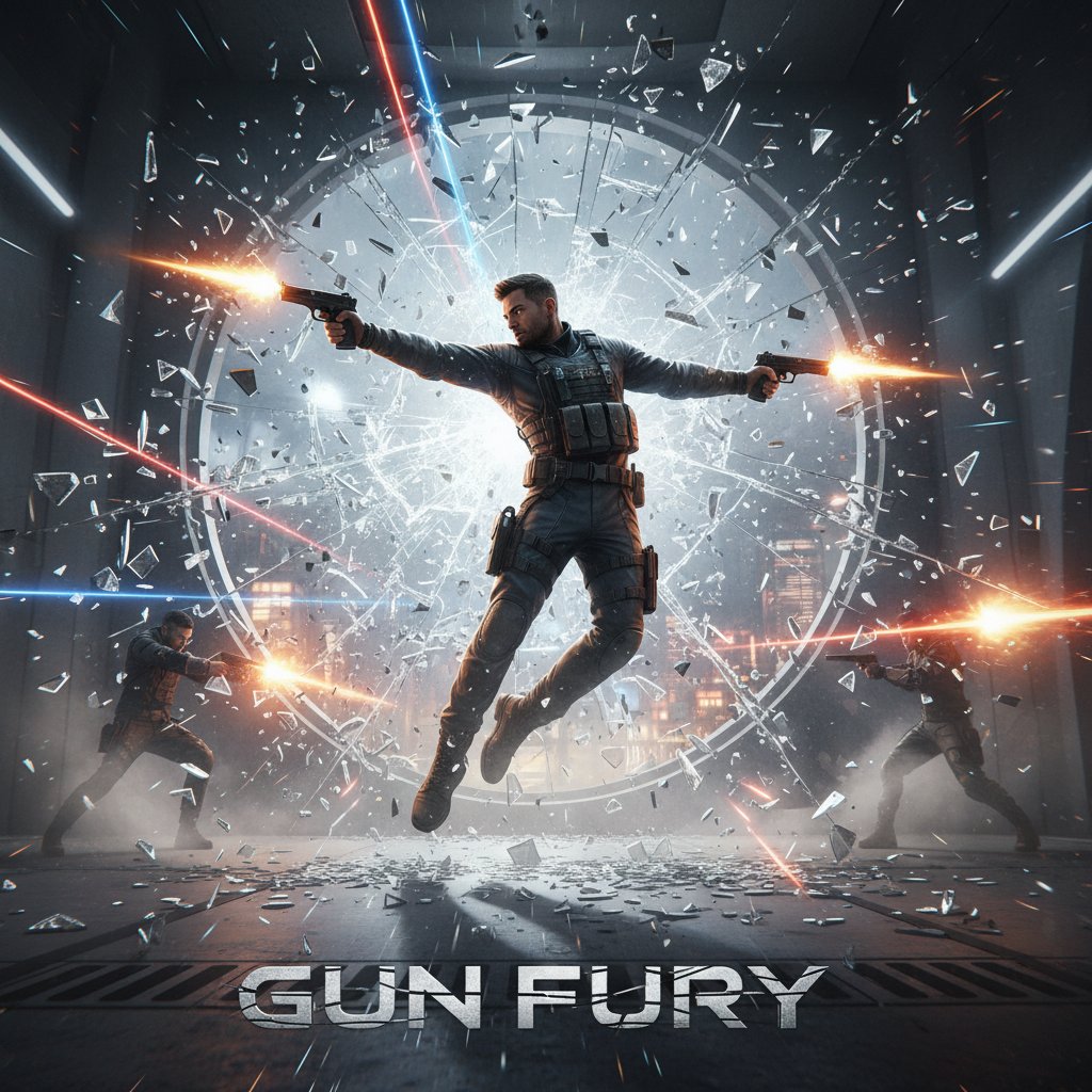 Iconic gun fu action from a hard boiled movie, two characters leaping through shattered glass with pistols