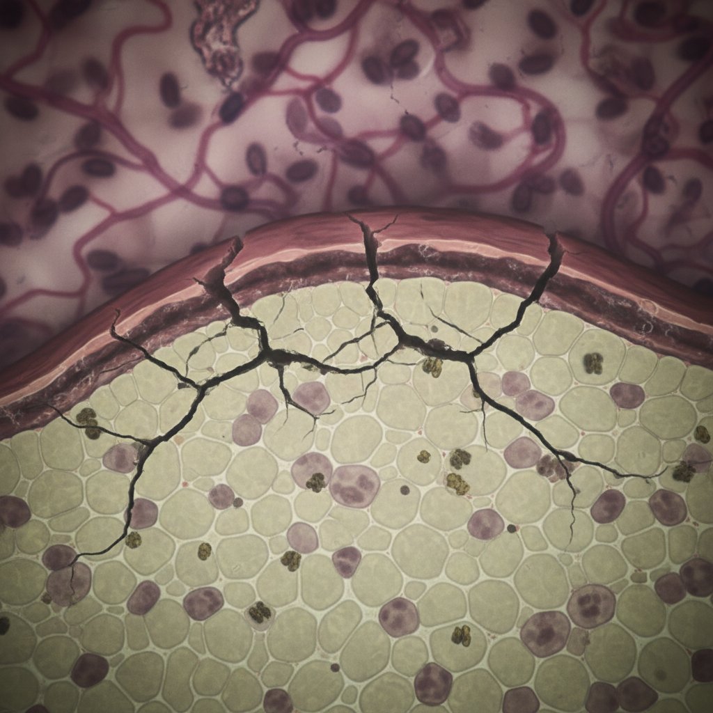 Przekrojowa ilustracja jelita z zaznaczonymi szczelinami, symbolizująca nieszczelność bariery jelitowej