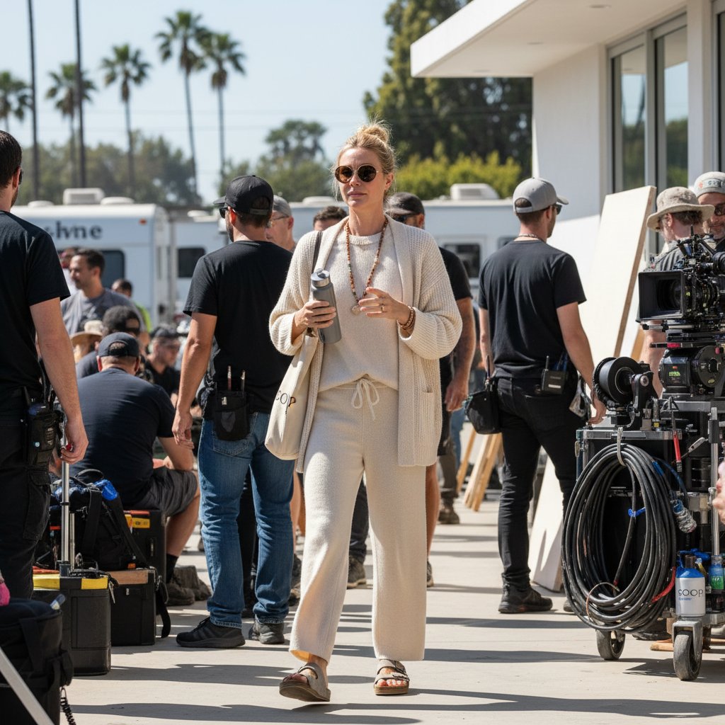 Gwyneth Paltrow on a stylized film set, blending movie props with Goop-style wellness products, fashion magazines scattered