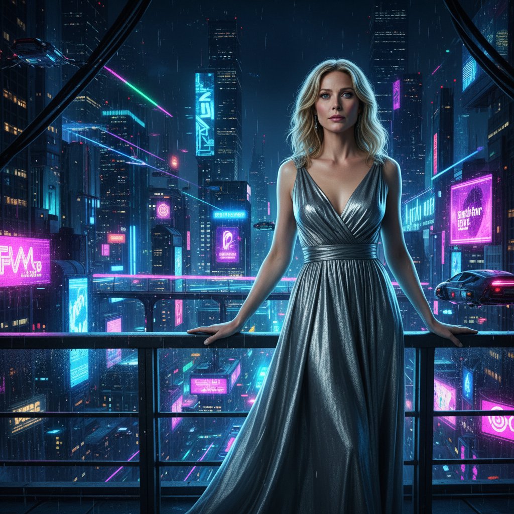 Gwyneth Paltrow stands defiant, movie posters swirling at her feet, neon-lit Hollywood behind her, symbolizing her tumultuous career