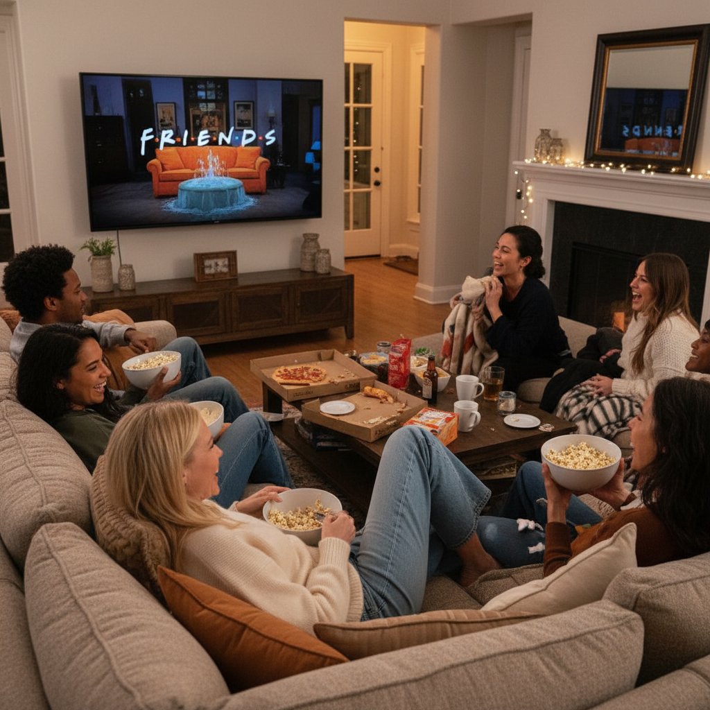 Group of friends watching a Gwyneth Paltrow movie marathon at home, popcorn and film posters visible, lively atmosphere