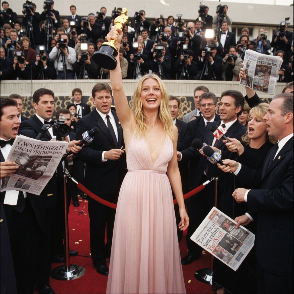 Gwyneth Paltrow in a period costume, golden Oscar statue in hand, surrounded by media frenzy