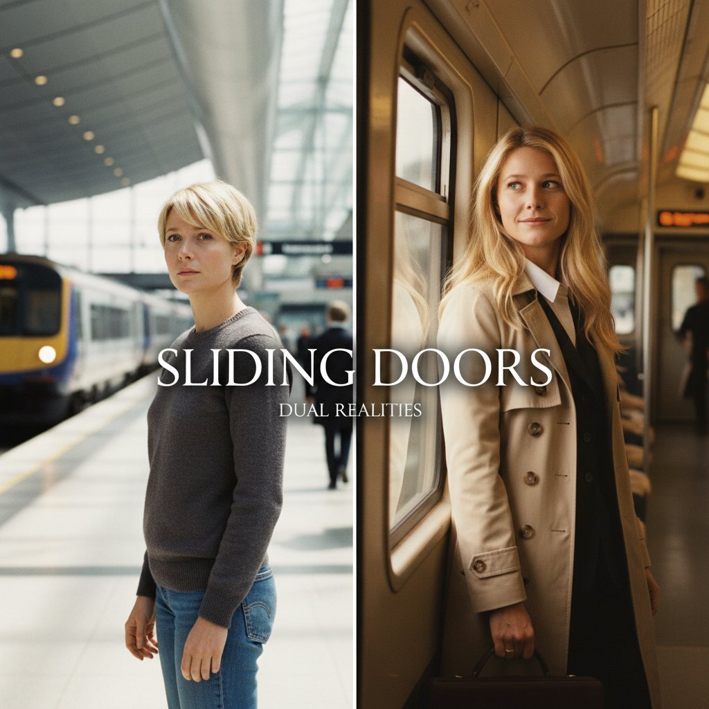 Photo of Gwyneth Paltrow with two contrasting hairstyles, symbolizing alternate realities in Sliding Doors