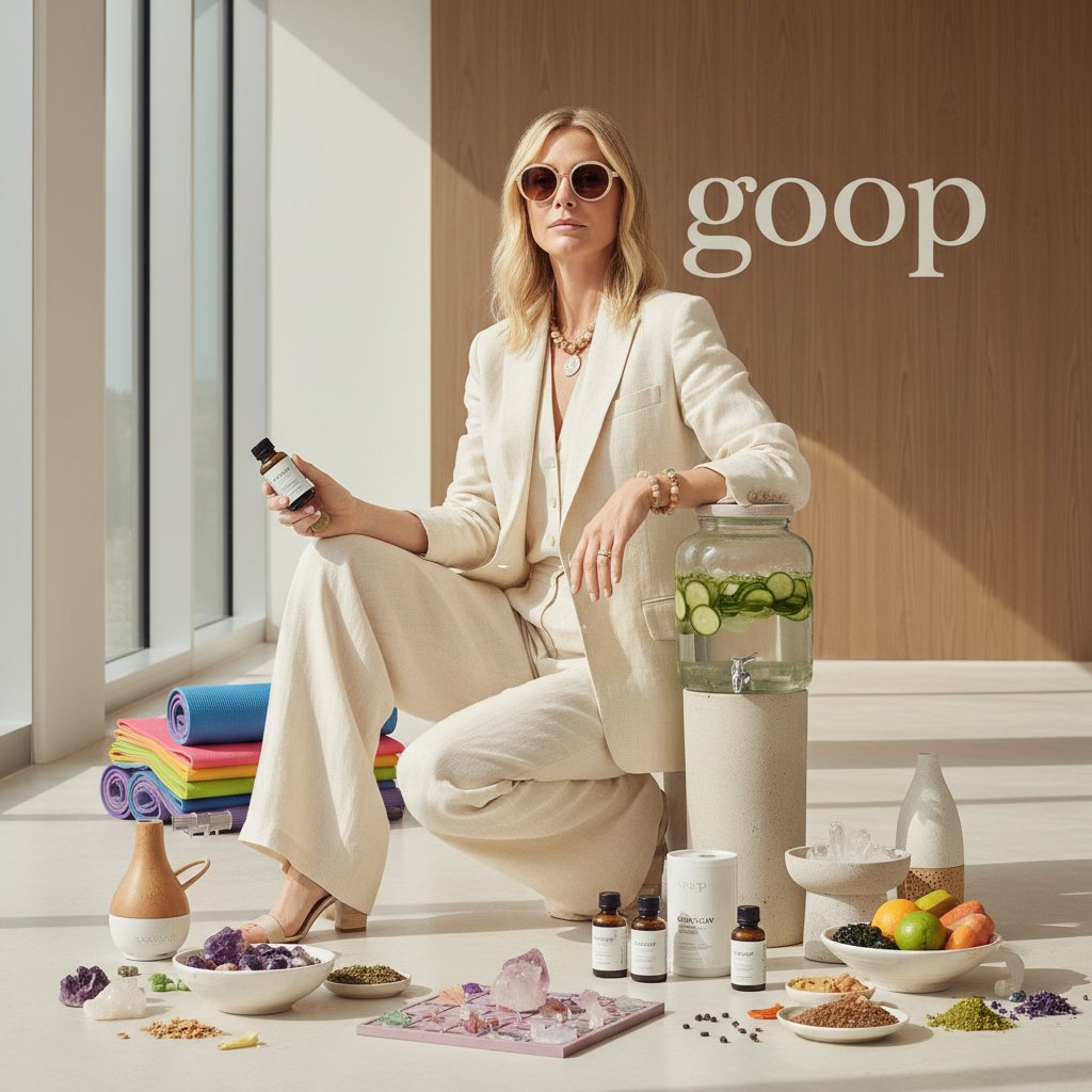 Gwyneth Paltrow posing in minimalist iconic outfit, surrounded by fashion magazines and wellness products