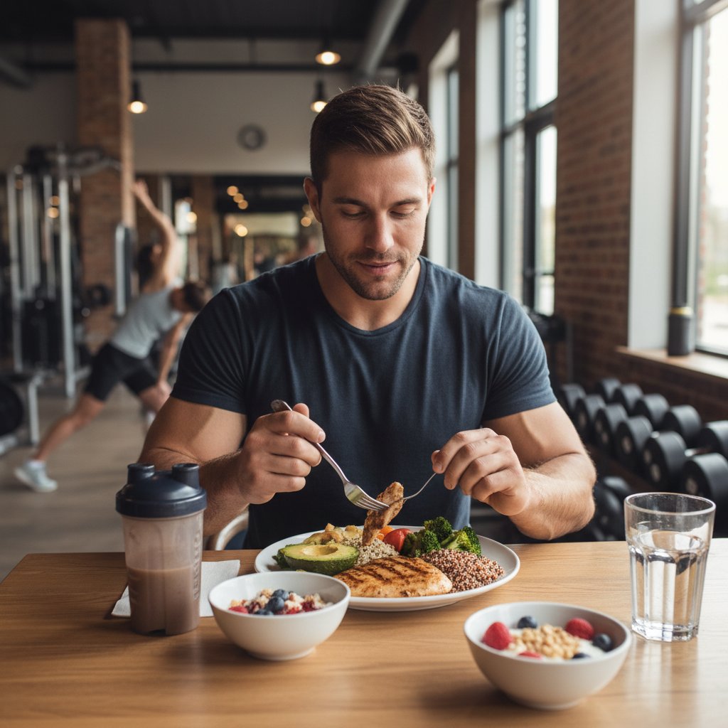 Siłownia, sportowiec przygotowujący posiłek białkowy po treningu