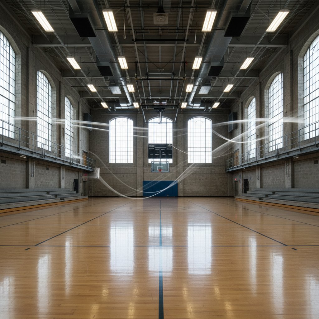 Sala gimnastyczna z wyraźnym pogłosem, widoczne odbicia dźwięku