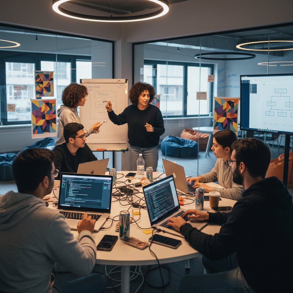 Zespół młodych informatyków na hackathonie, pracujących nad własnym projektem