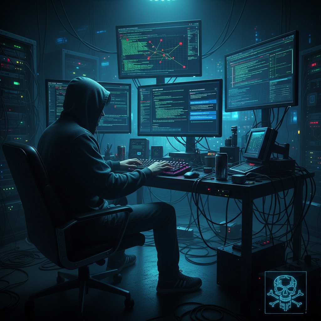 Haker pracujący w ciemnym pokoju, ekran z kodem, cyberzagrożenia czatów online