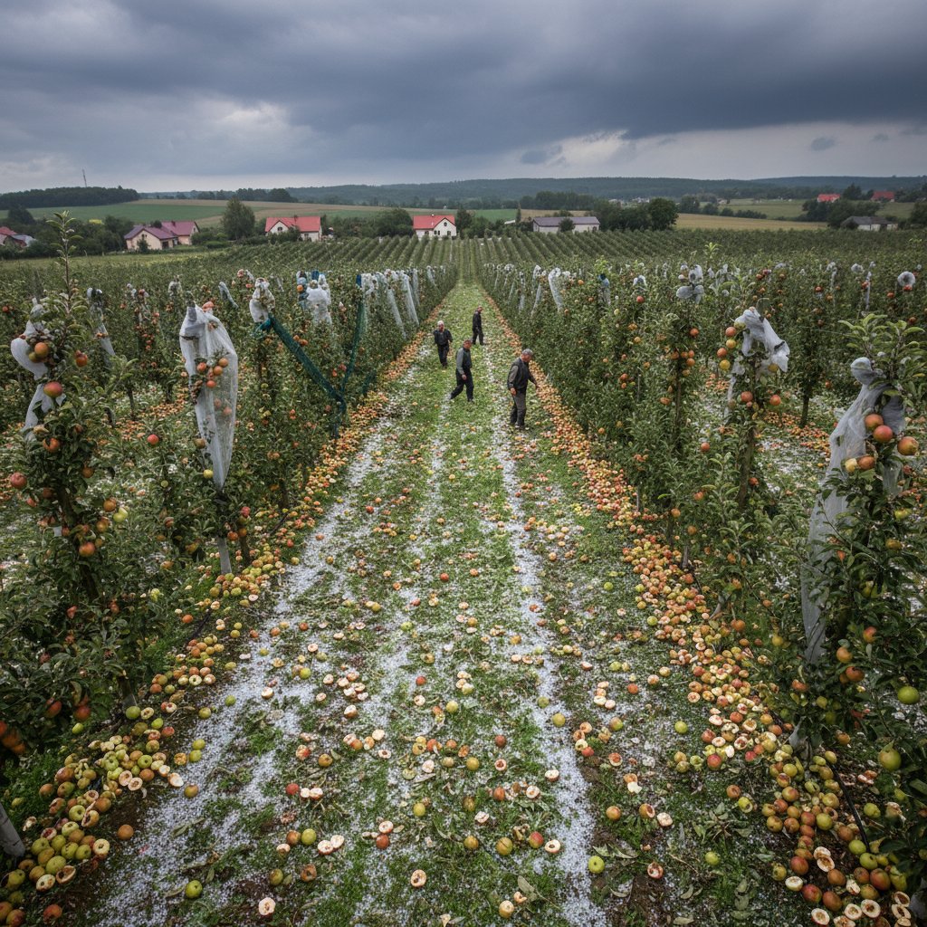 Gradobicie w polskim sadzie, uszkodzone owoce i liście, dramatyczna scena po burzy