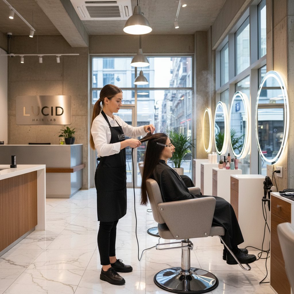 Fryzjerka nakładająca keratynę na włosy klientki w nowoczesnym salonie