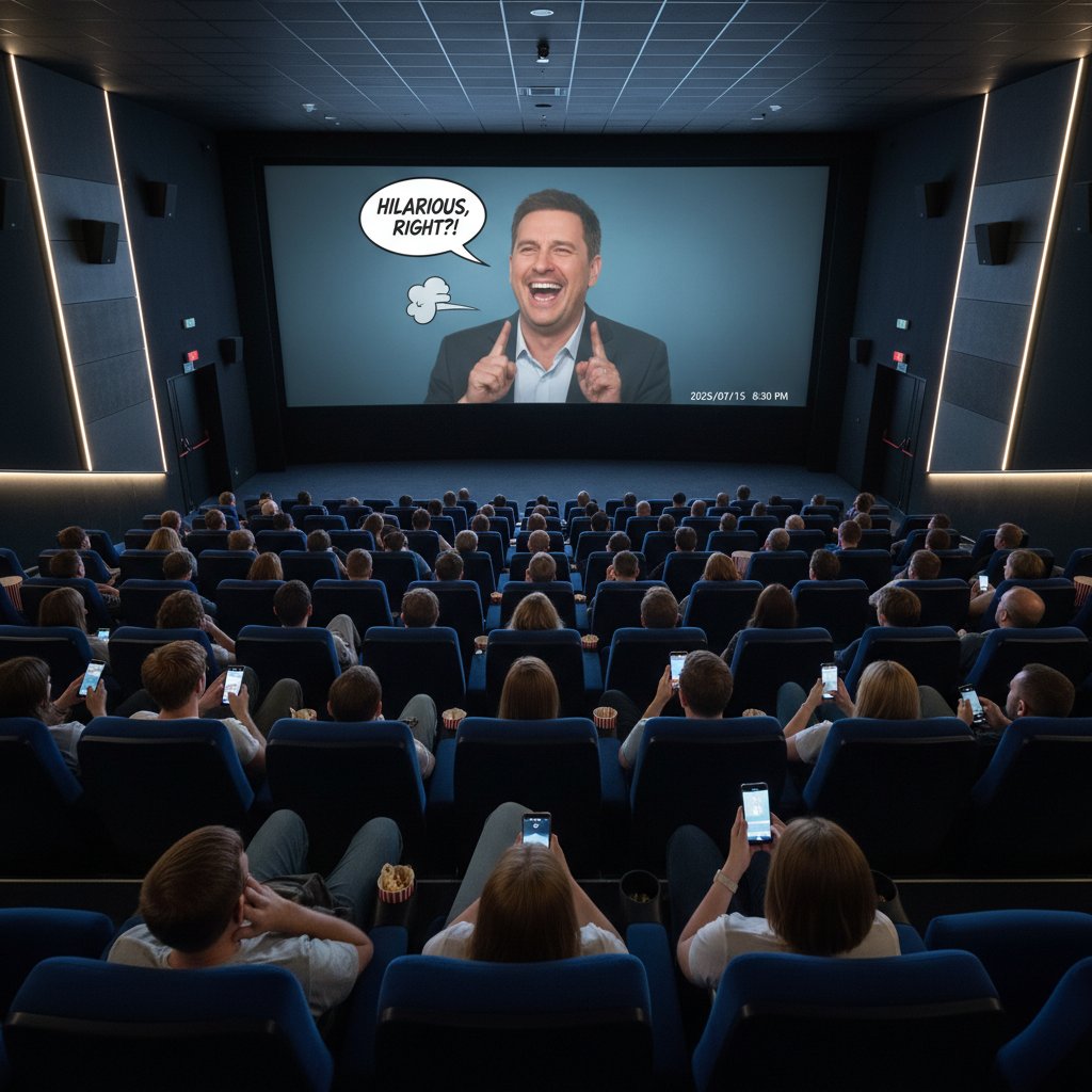 A bored audience in a half-empty theater during a comedy screening in 2025, illustrating comedy fatigue