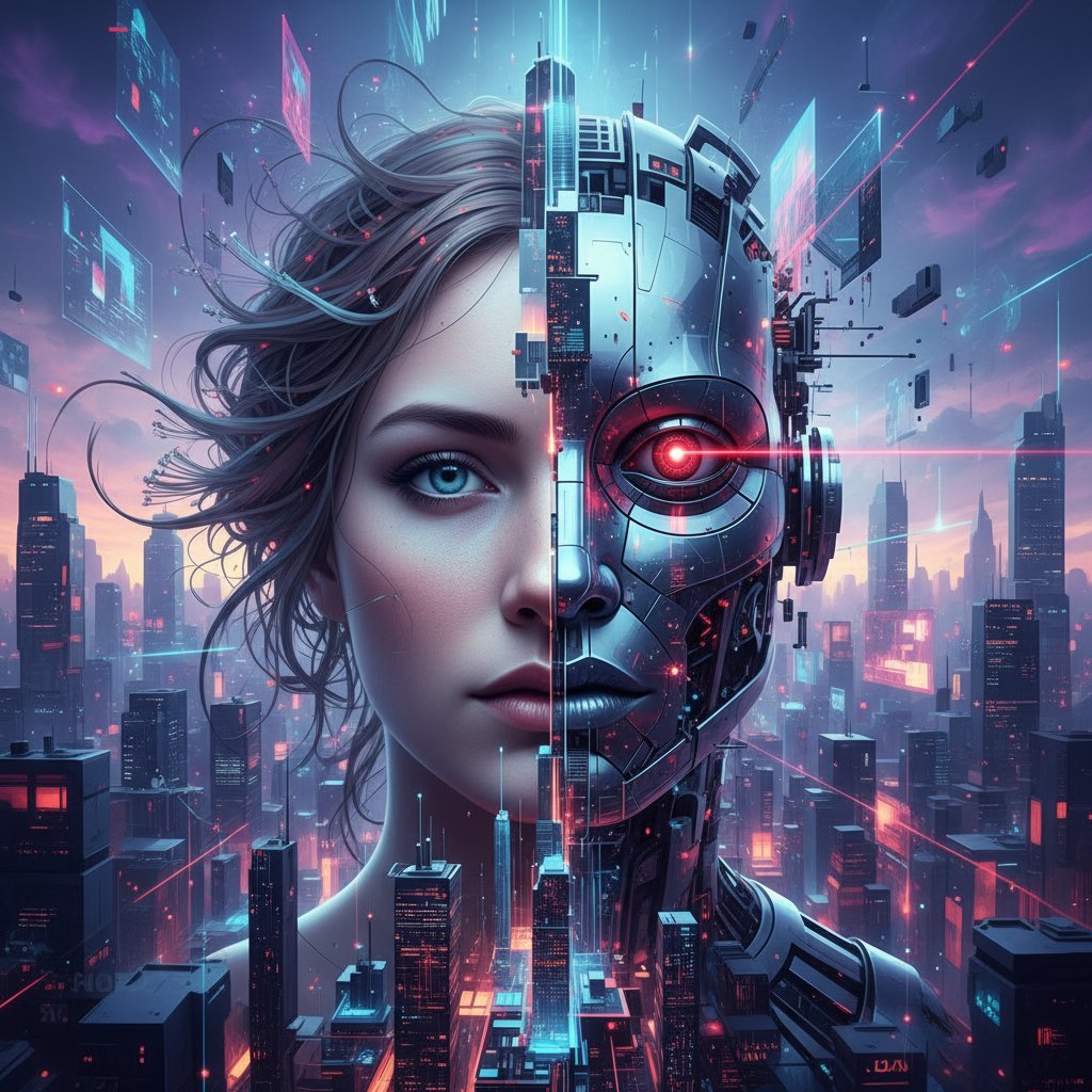 Pół ludzkiej, pół AI twarz, rozmyta granica, zdjęcie z efektem surrealistycznym