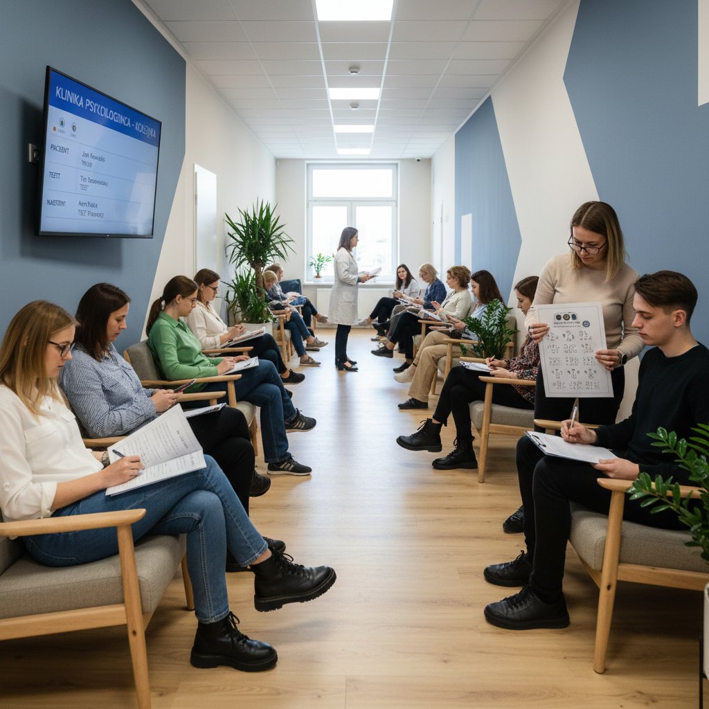 Korytarz polskiej kliniki psychologicznej, pacjenci oczekujący na badanie