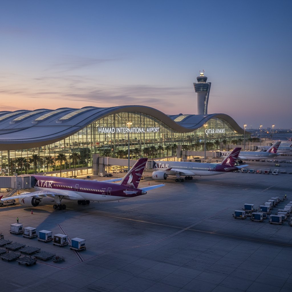 Lotnisko Hamad w Doha – terminal, tłum podróżnych i charakterystyczne logo Qatar Airways