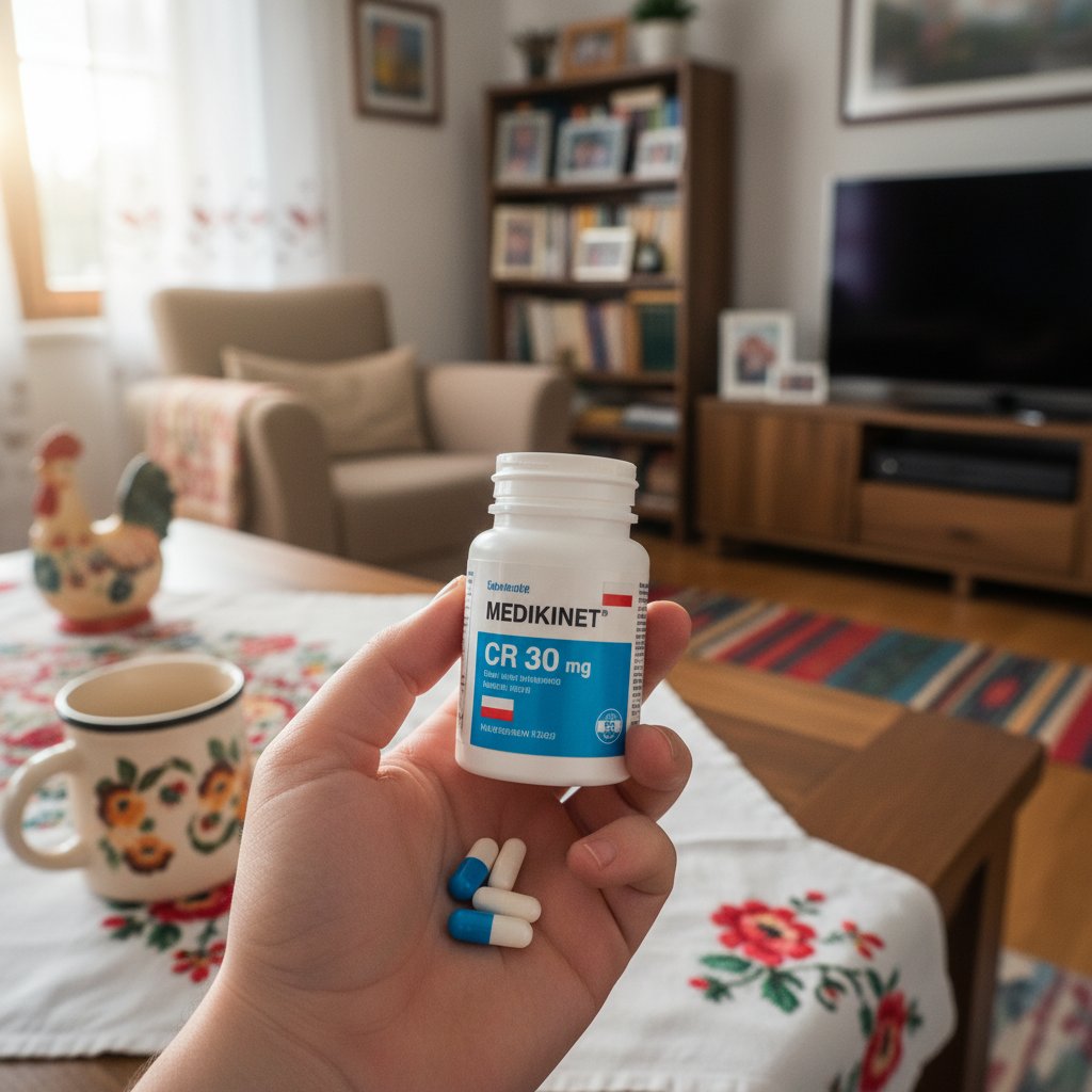 Zbliżenie na dłoń trzymającą kapsułkę leku na ADHD w polskim wnętrzu domowym