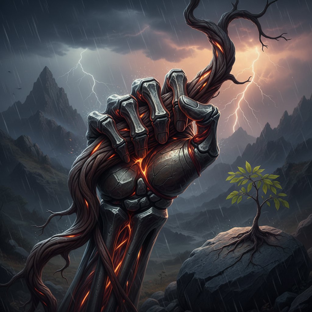 Zdjęcie: zbliżenie na rękę trzymającą szkicowaną kość, symbol siły i wytrzymałości