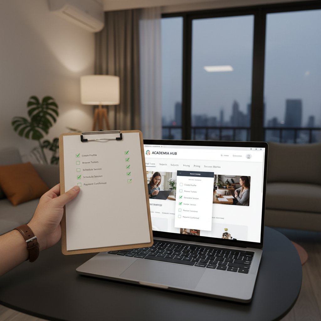 Ręka z checklistą, laptop z otwartą stroną korepetycji, nowoczesny apartament