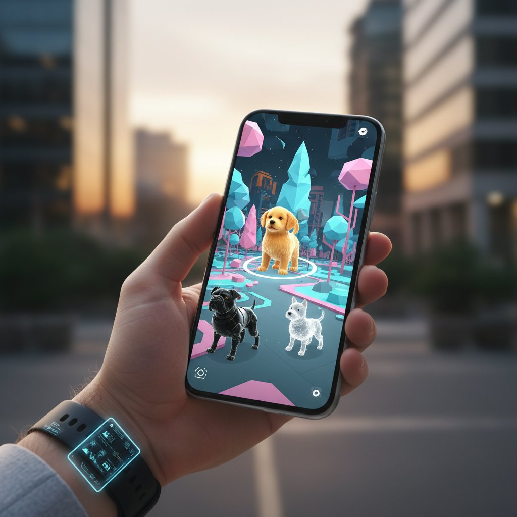 Ręka wybierająca wirtualnego psa na ekranie telefonu – porównywanie różnych aplikacji AI piesków