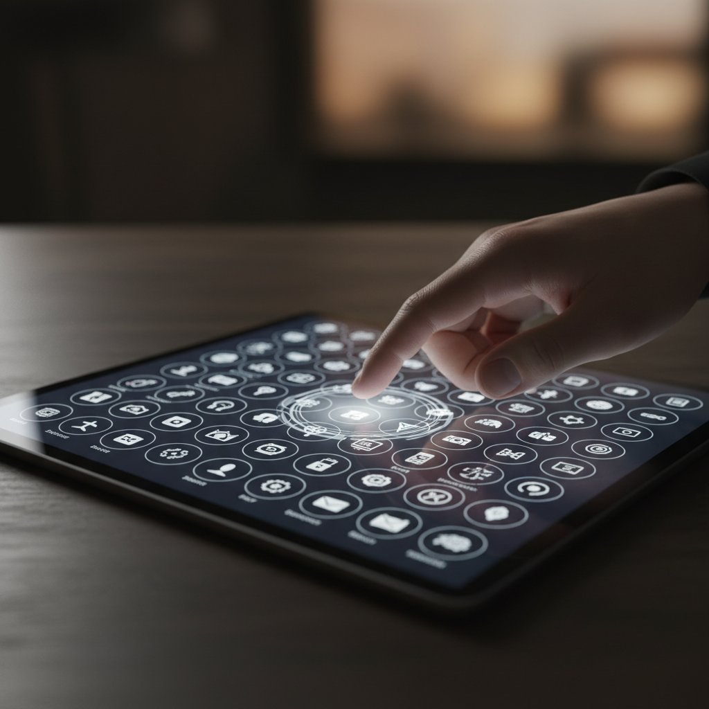 Zbliżenie na rękę wybierającą jedną z wielu opcji na ekranie tabletu, symboliczna nadmiarowość wyboru