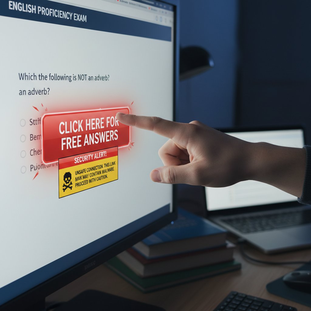 Ręka klikająca podejrzany link do testu języka angielskiego, ostrzegawcza atmosfera