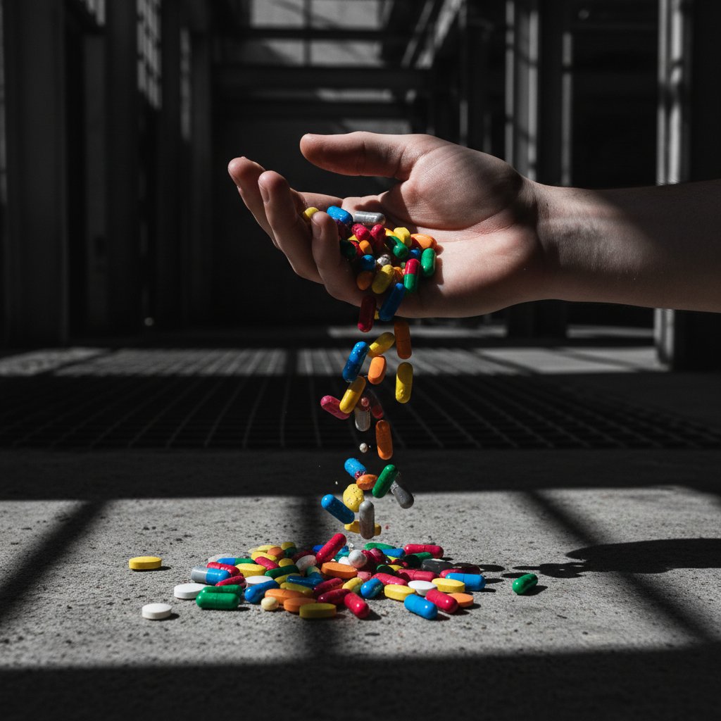 Dłoń z kolorowymi tabletkami, zanurzona w cieniu – mity suplementacyjne w Polsce