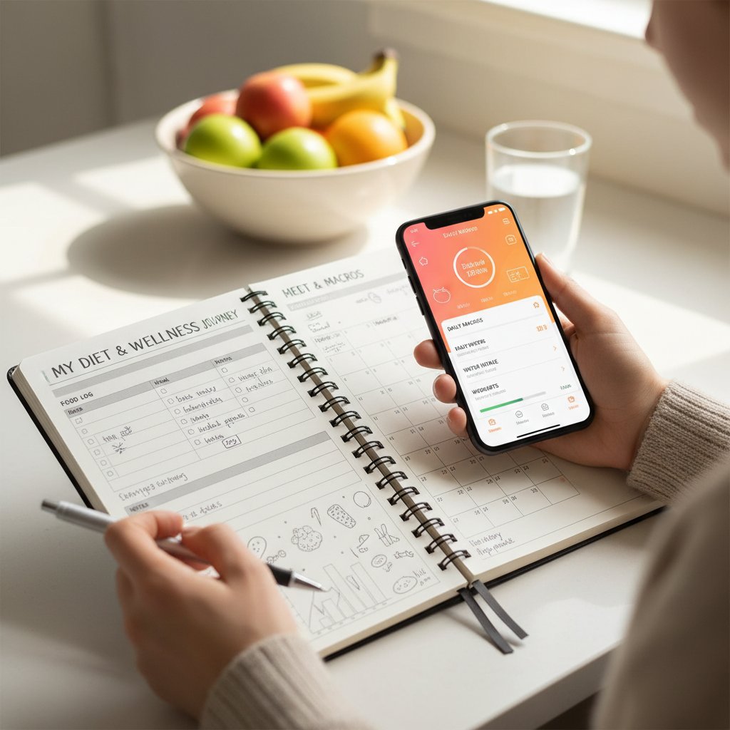 Ręka trzymająca jednocześnie papierowy dziennik i smartfon z aplikacją diety, symbolizująca zmagania z cyfrową i analogową kontrolą nawyków żywieniowych