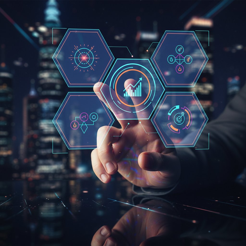 Ręka ustawia wskaźniki KPI na nowoczesnym panelu, refleksje danych w tle