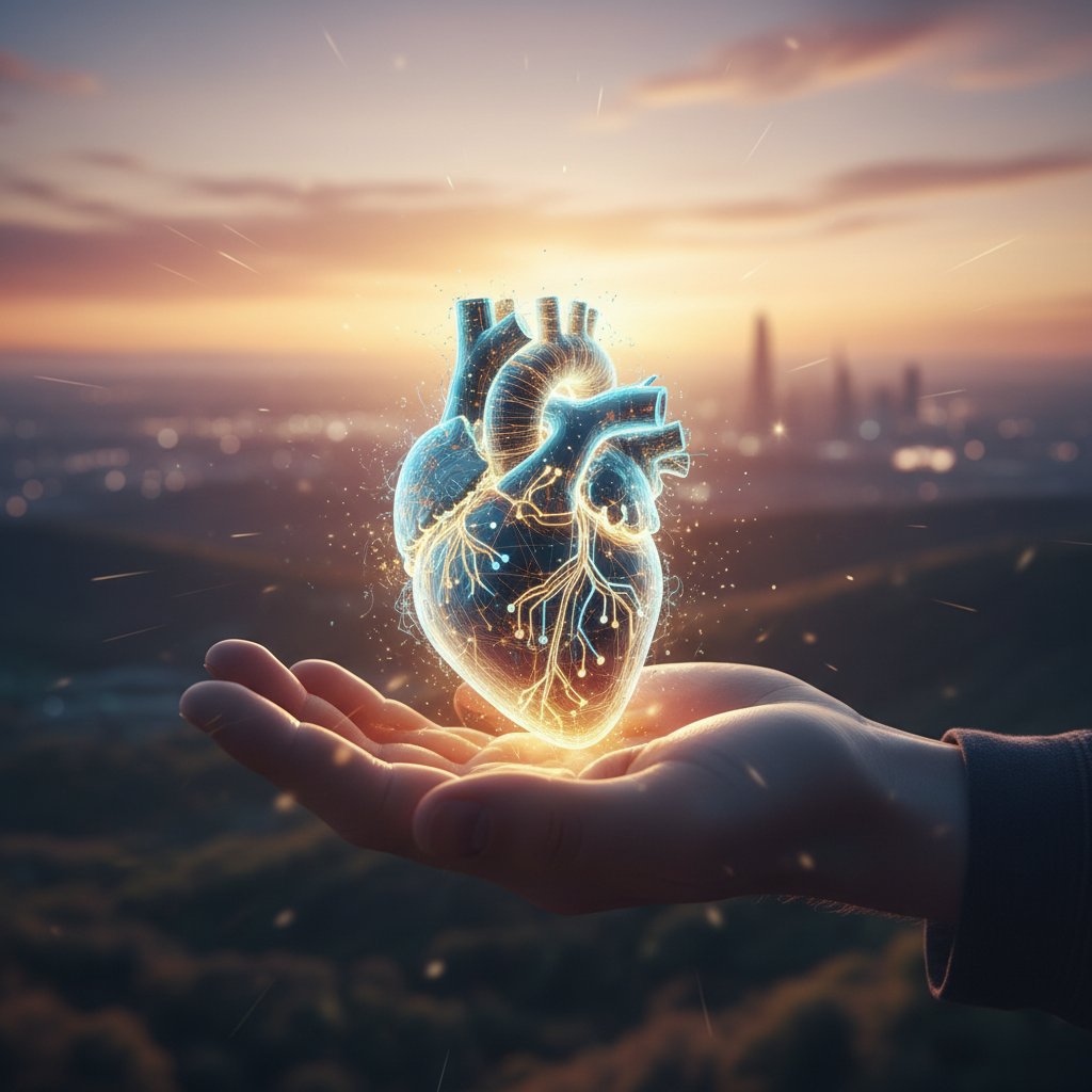 Hand greift nach leuchtendem digitalen Herz, Symbol für Hoffnung und bewusste Entscheidung bei virtueller Freundin Beratung online