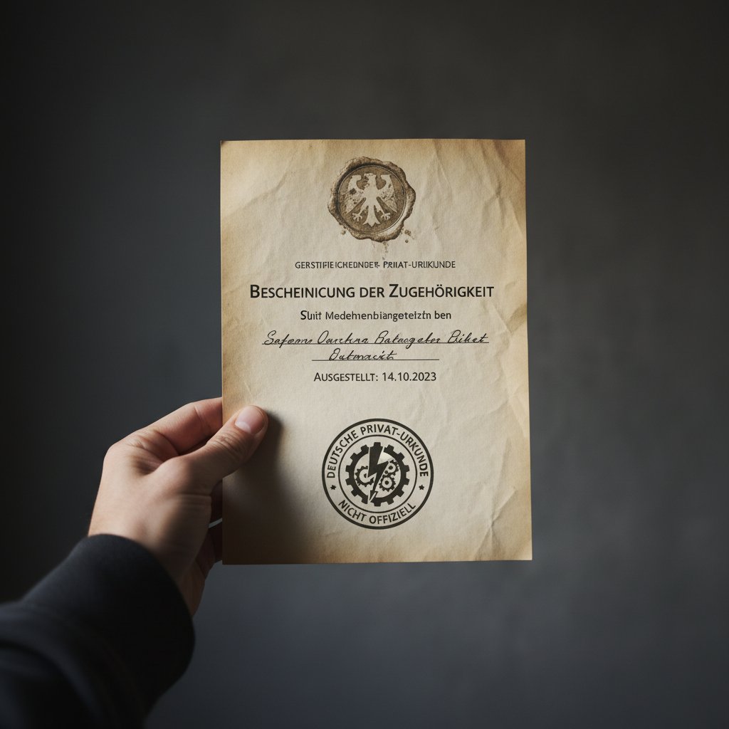 Zbliżenie na rękę trzymającą fałszywy certyfikat niemieckiego, nieoficjalne logo, ciemne tło