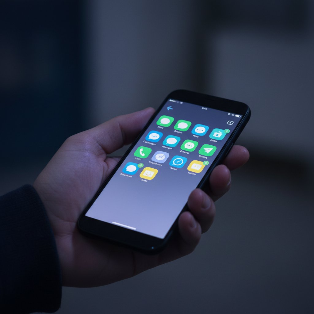 Dłoń trzymająca smartfon z ikonami czatów, nastrojowe światło, rozmowa online bez terapii, wybór platformy