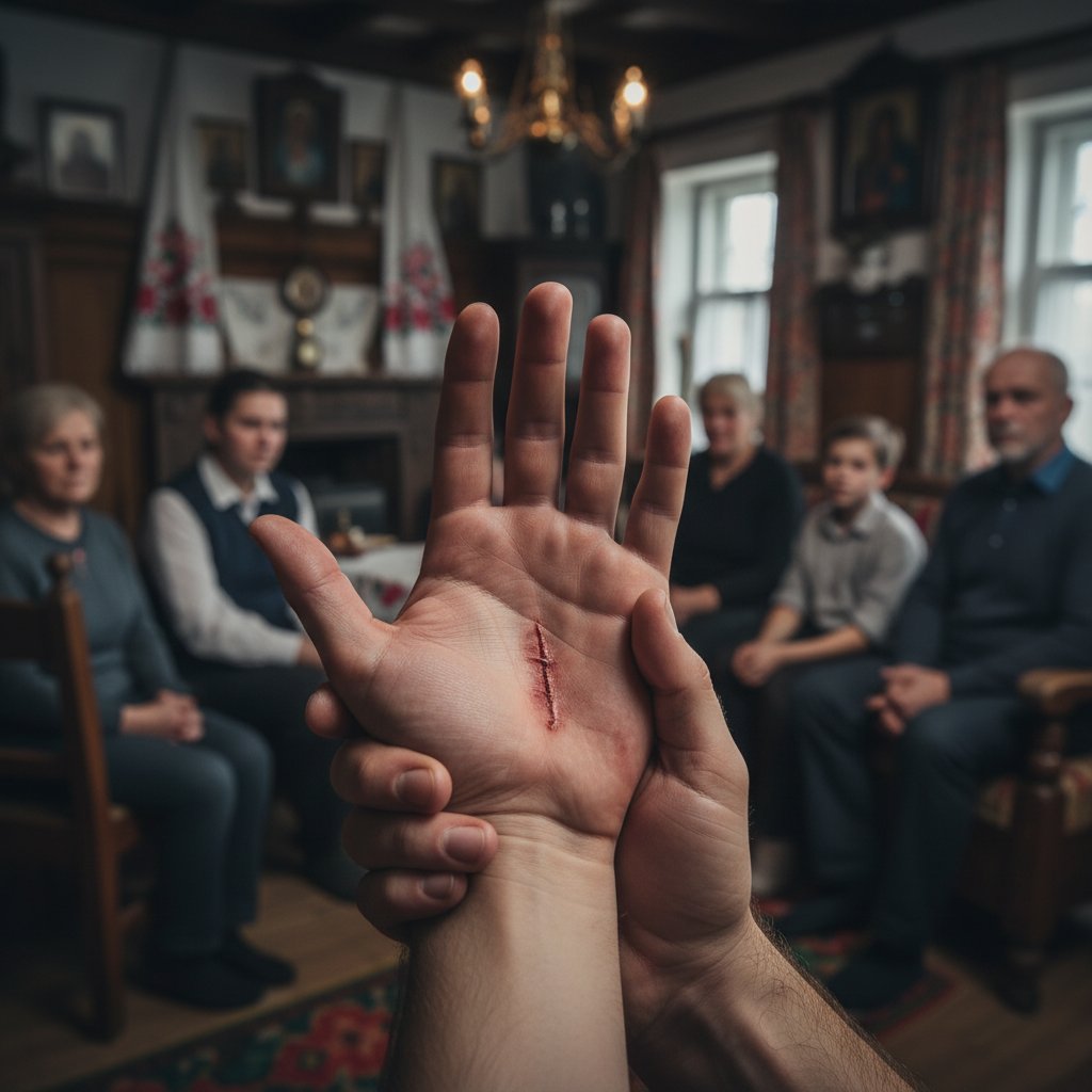 Rana cięta na dłoni w polskim domu, scena napięta emocjonalnie, realizm