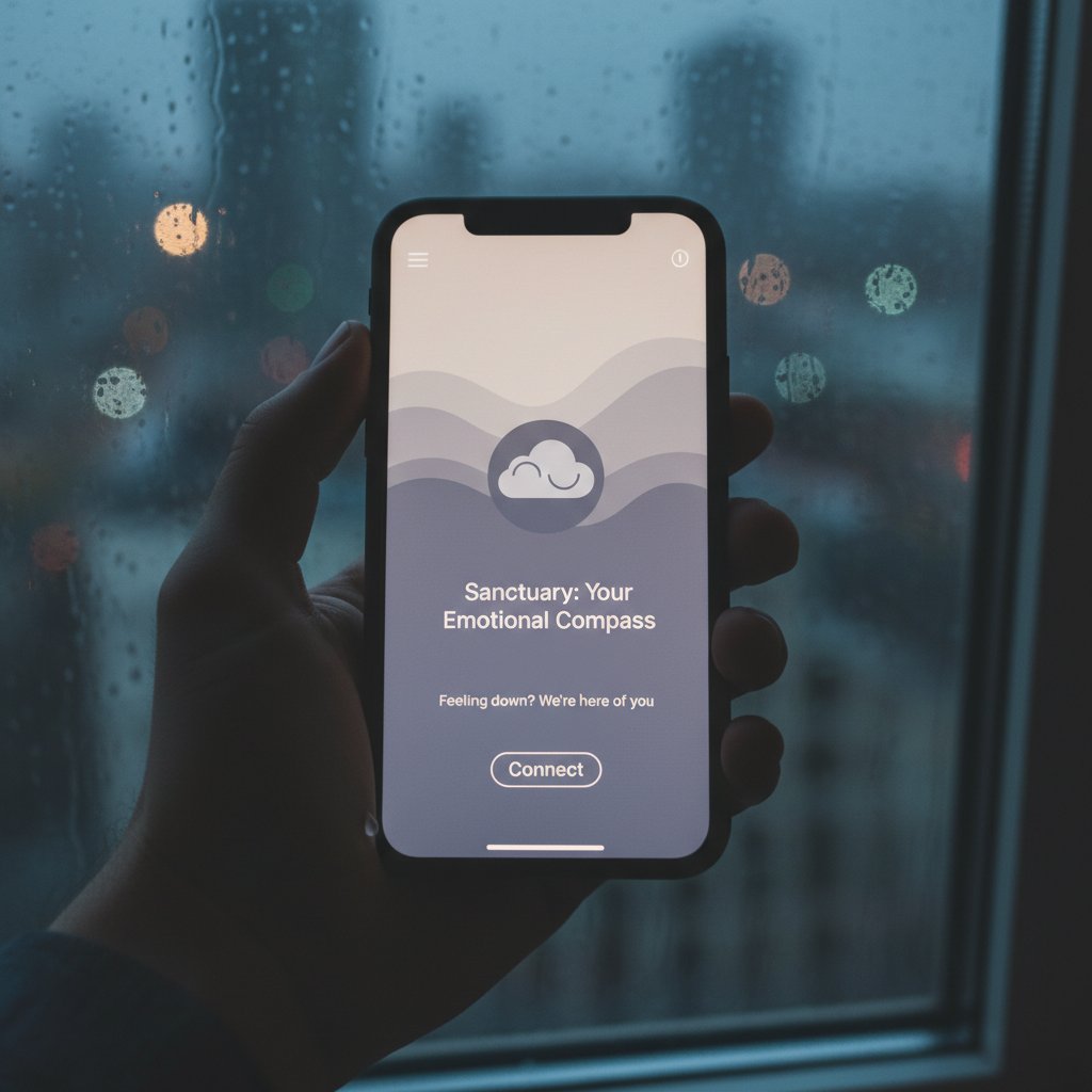 Zbliżenie na dłoń trzymającą telefon z aplikacją wsparcia emocjonalnego, wieczorne światło, melancholia