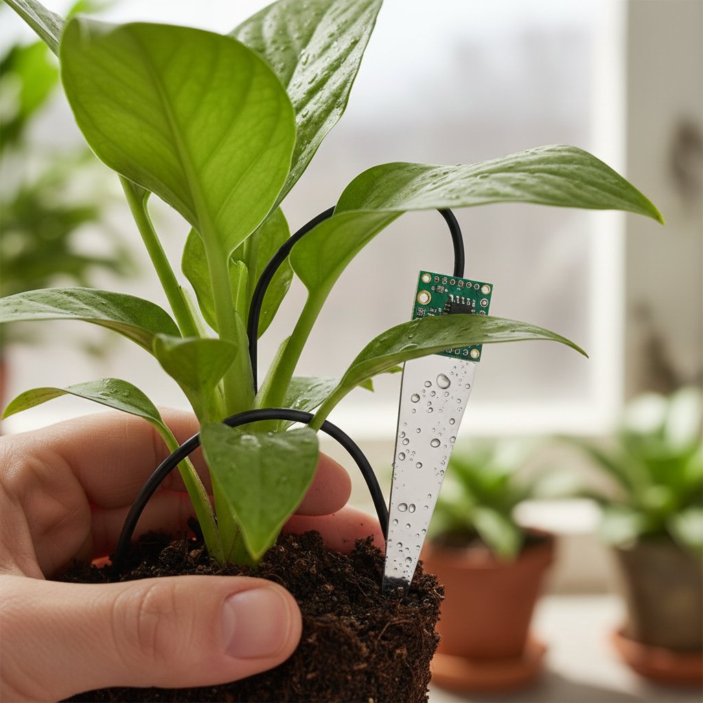 Ręka montująca nowoczesny czujnik wilgotności pojemnościowej w doniczce z ziołami