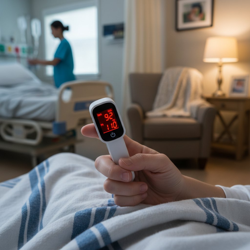 Ręka z pulsoksymetrem na tle szpitala lub domowego wnętrza, wyraźny wyświetlacz, napięta atmosfera