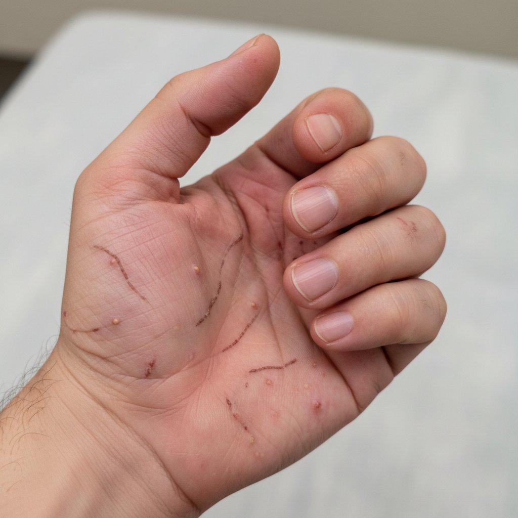 Dłoń z wyraźnymi zmianami skórnymi, grudki, zaczerwienienia – objawy świerzbu u dorosłych